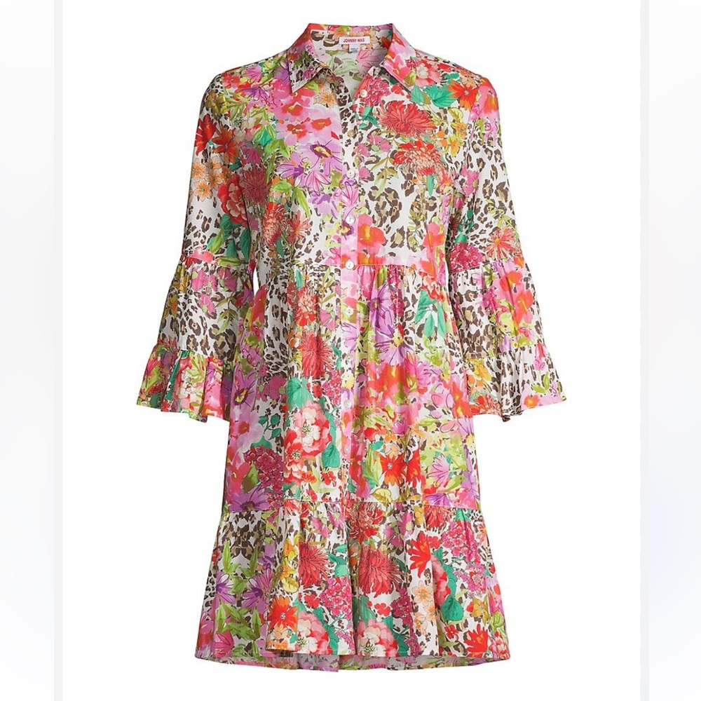 Johnny Was Wild Garden Easy Fit Tiered Mini Dress Size Medium Floral Boho Cotton